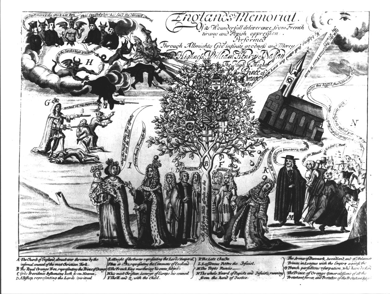 Englannin muistomerkki, William of Orange (1650-1702) pelastaa Englannin ja Euroopan erilaisilta kauhuuksilta tekijältä English School
