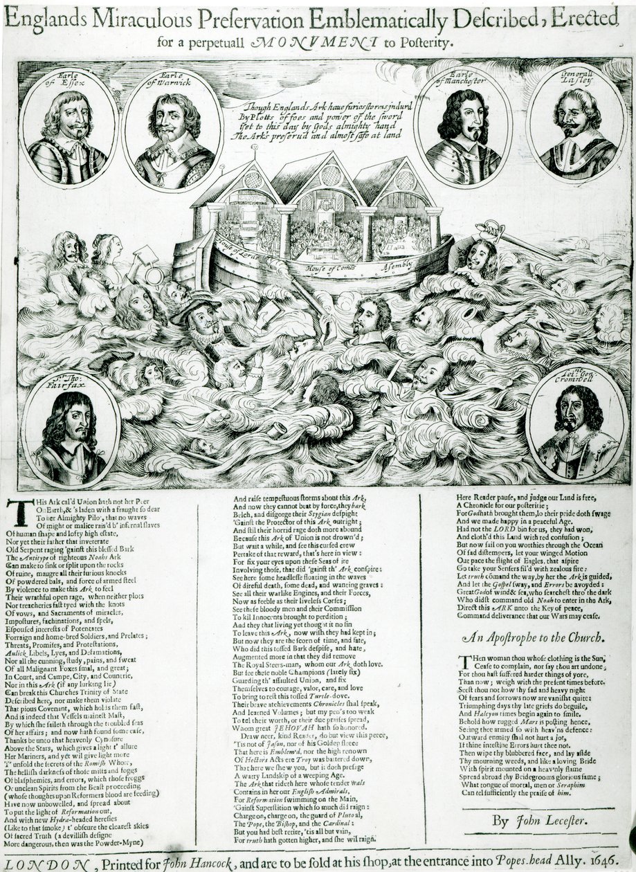 Englands Miraculous Preservation symbolisesti kuvattu, pystytetty ikuiseksi muistomerkiksi jälkipolville, 1646 tekijältä English School