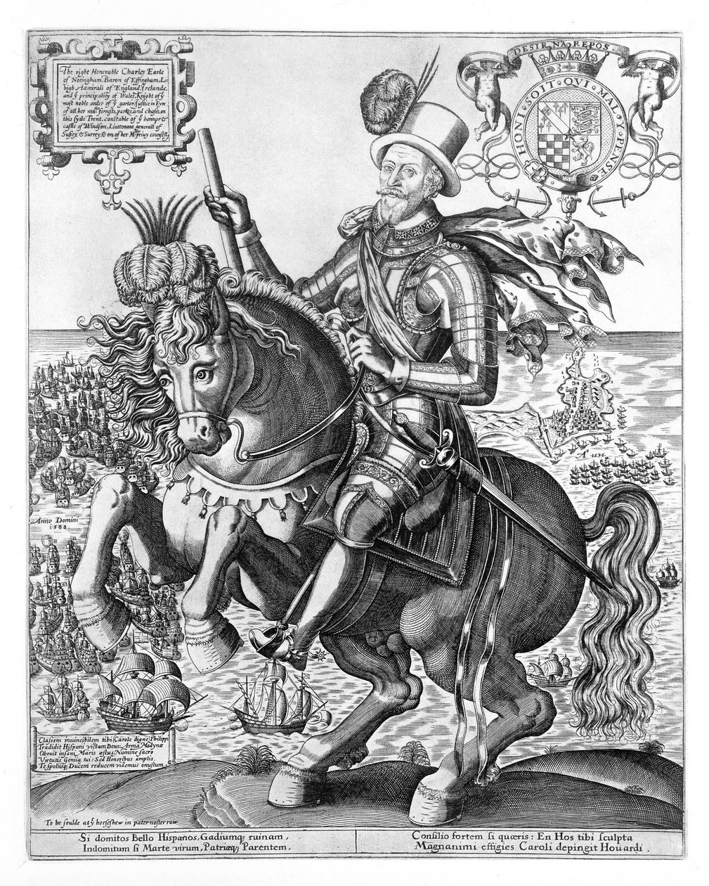 Charles Howardin (1536-1624) ratsastusmuotokuva Effinghamin 2. paroni Howardista, Nottinghamin ensimmäinen jaarli, kaiverrus Thomas Cockson (fl.1591-1636) n. 1597-1603 tekijältä English School