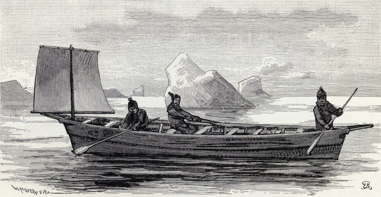 Eskimot umiakissa, englantilaisesta The English Illustrated Magazine -lehdestä, 1891-92. tekijältä English School