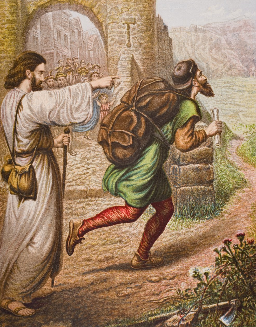 Evankelista ohjaa Christiania hänen matkalleen, kuva John Bunyanin (1628-88) "Pilgrim
