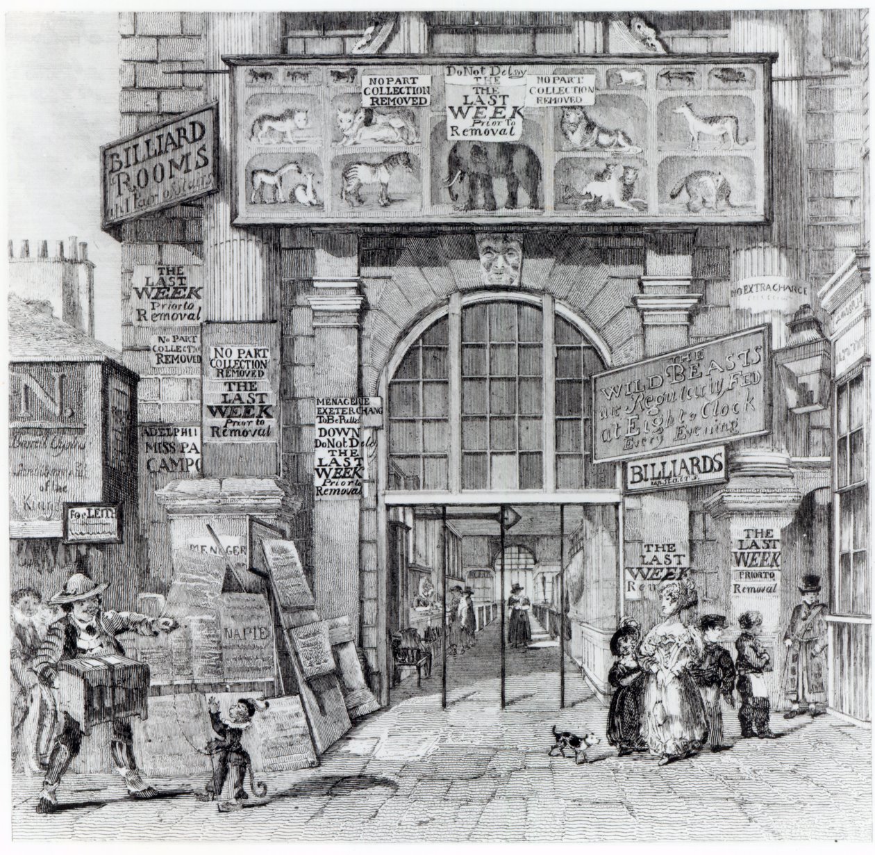 Exeter Change näyttää sisäänkäynnin Edward Crossin Royal Grand National Menagerieen, n. 1829 tekijältä English School