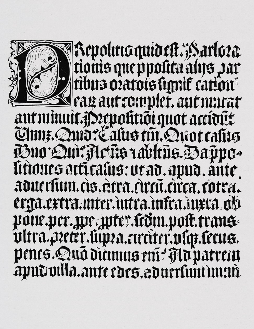 Faksimile sivusta ksylografiasta tai puukaiverruksesta prepositiosta, Johann Fustin ja Johannes Gutenbergin painamasta kielioppikirjasta, Mainz, n. 1450 tekijältä English School