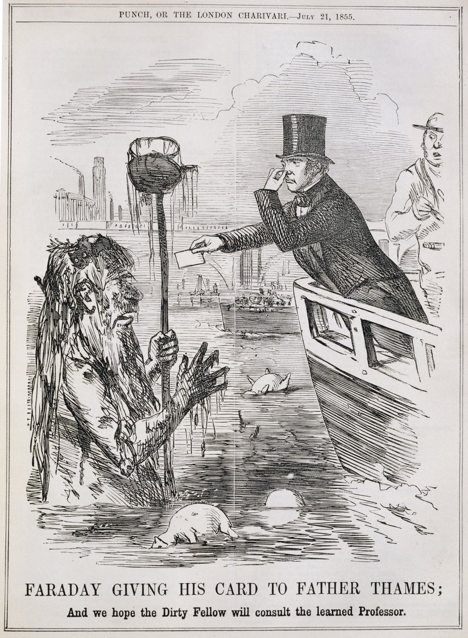 Faraday antaa korttinsa isä Thamesille, elokuvasta "Punch", 21. heinäkuuta 1855 tekijältä English School