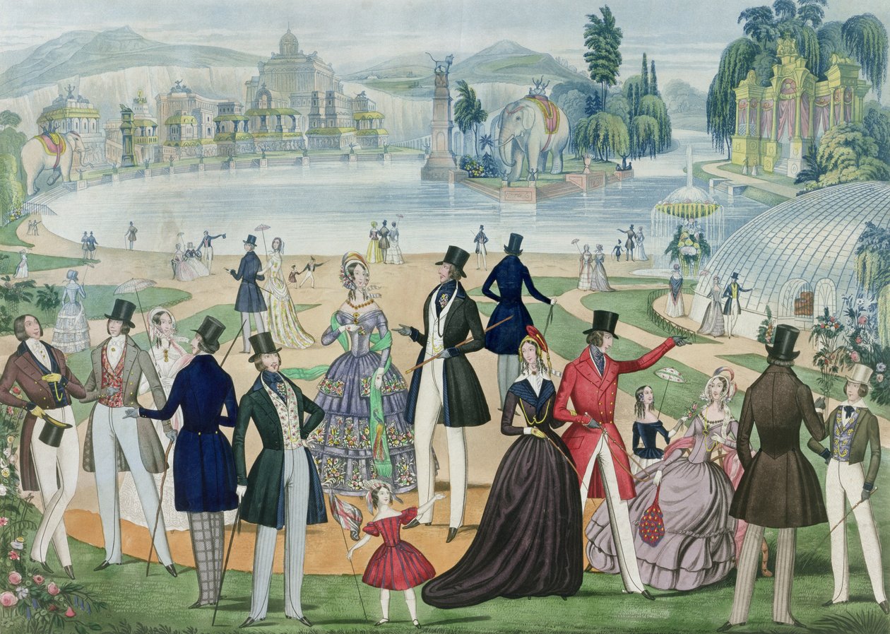 Muotilevy, joka kuvaa "Summer Fashions for 1844", julkaisija B.Read und Co., 1844 (esittely paperilla) tekijältä English School