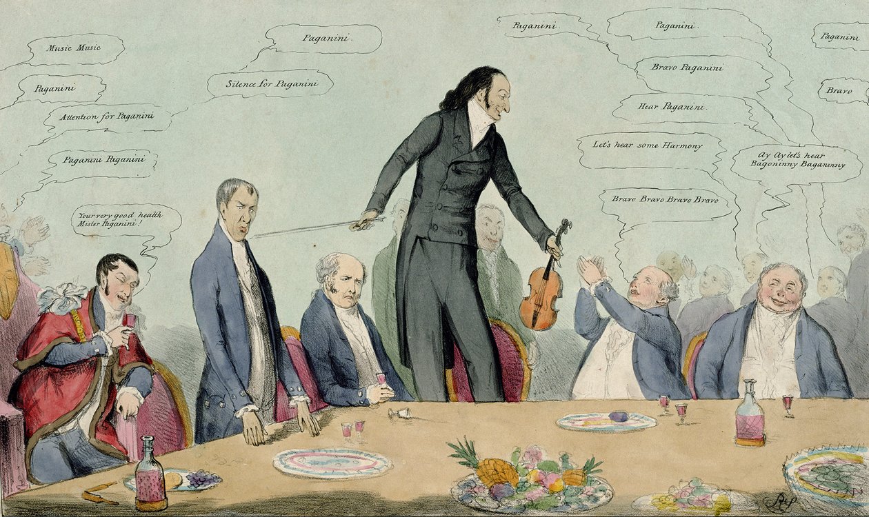 Viulunvarsi vs. luudanvarsi, karikatyyri Niccolo Paganinista, pubi. kirjoittanut Thomas McLean, 1831 (värillinen etsaus) tekijältä English School