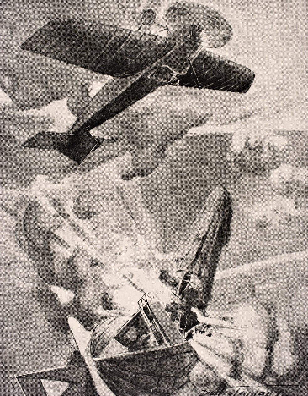 Lento-aliluutnantti Warneford VC pommittaa ja tuhoaa Zeppelin-ilmalaivan 1915, Lontoossa 1916 julkaistusta The War Illustrated Album deLuxe -albumista. tekijältä English School