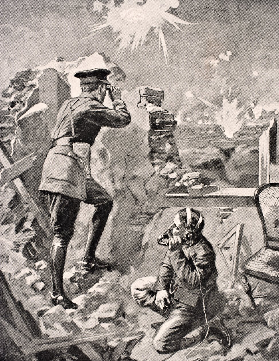 Forward Officer havaitsee hiipivän tykistötuloksen vaikutuksen "The War Illustrated Album deLuxe" -julkaisusta, joka julkaistiin Lontoossa, 1916 tekijältä English School