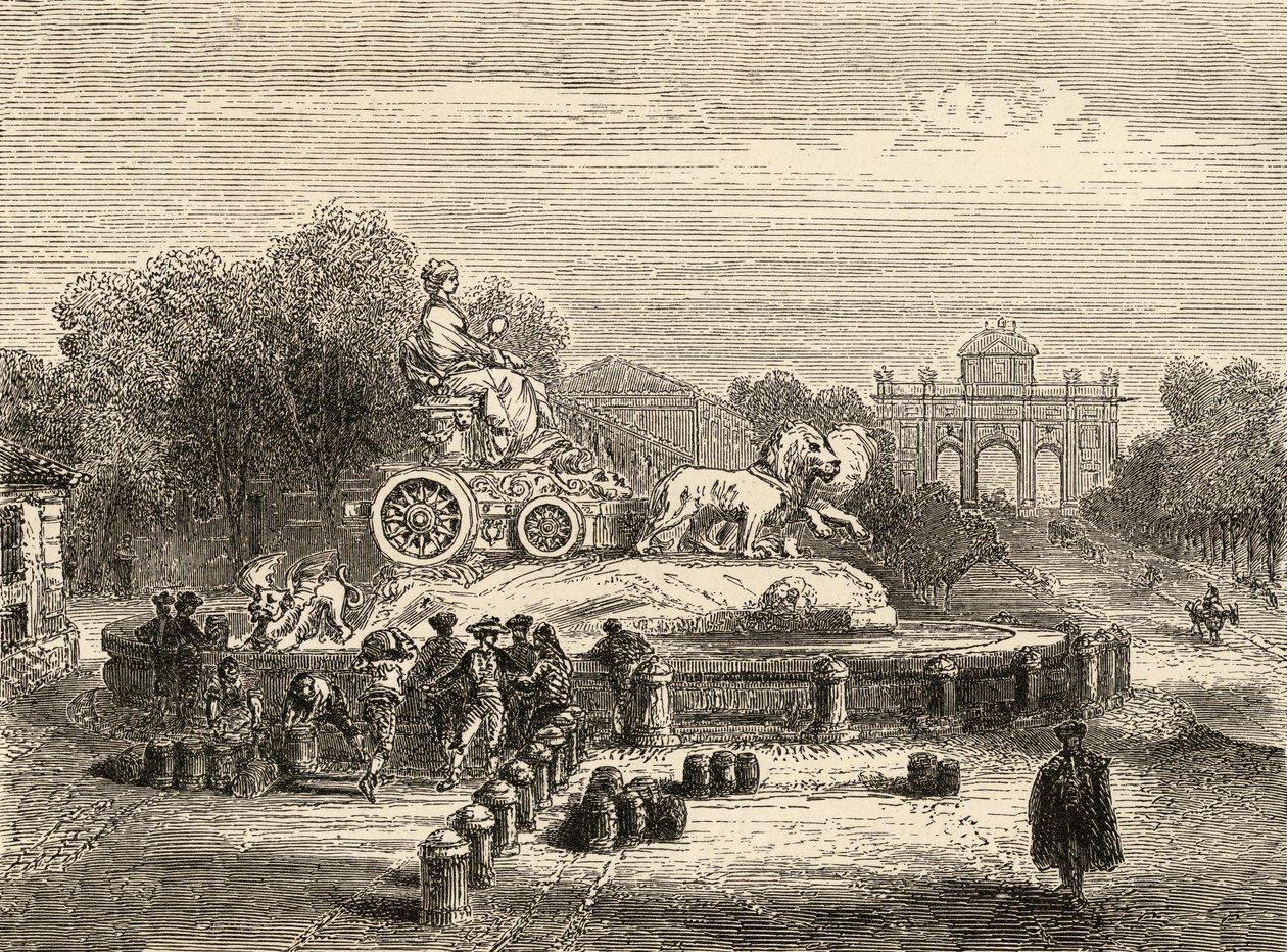 Cibelesin suihkulähde, Madrid, kuvitus "Spanish Picturesistä", pastori Samuel Manning tekijältä English School