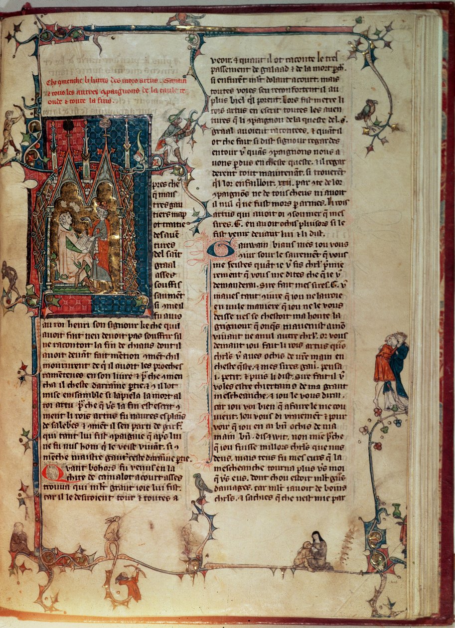 Fr 1 f.82r Vol. I Walter Map, joka ottaa ylös tarinan pyöreän pöydän ritarien seikkailuista Pyhän Graalin etsinnässä kuningas Arthurin sanelussa Manchesterin Arthurin roomalaisesta tekijältä English School