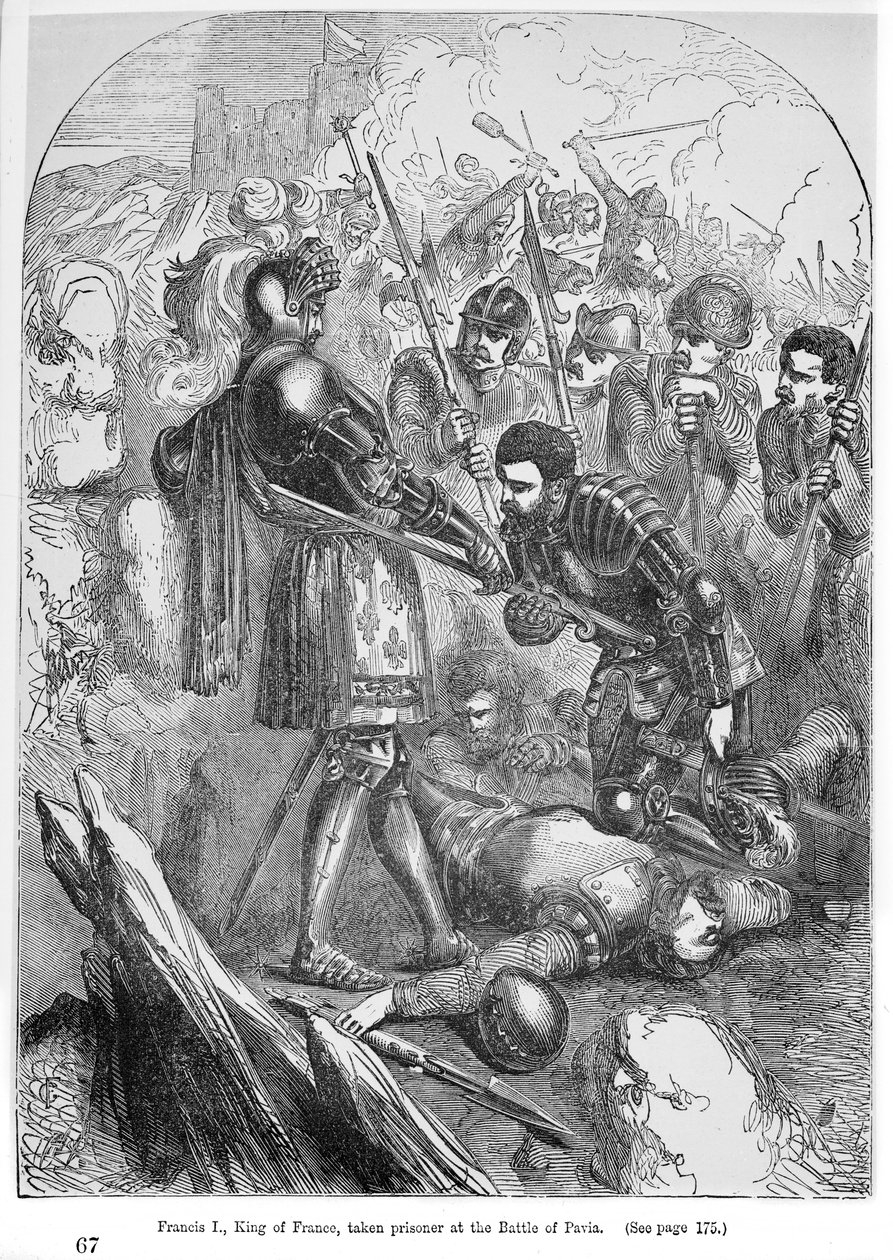 Francis I (1495-1547) Charles Bourbonin (1490-1527) vangiksi Pavian taistelussa vuonna 1525, kirjakuvitus tekijältä English School