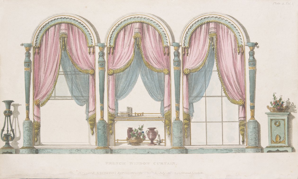 Ranskalainen ikkunaverho, levy 55, Ackermanns Repository of Arts, julkaistu 1809-28 tekijältä English School