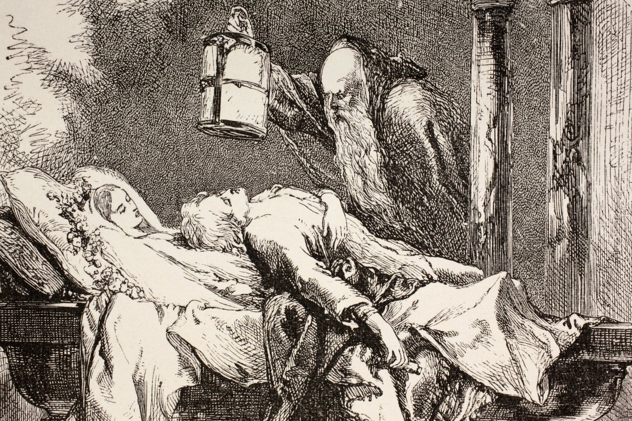 Veli Laurence saapuu Capuletin kryptaan löytääkseen Romeon, Julian ja Parisin kuolleina Lontoossa 1890 julkaistusta The Illustrated Library Shakespeare -kirjastosta. tekijältä English School