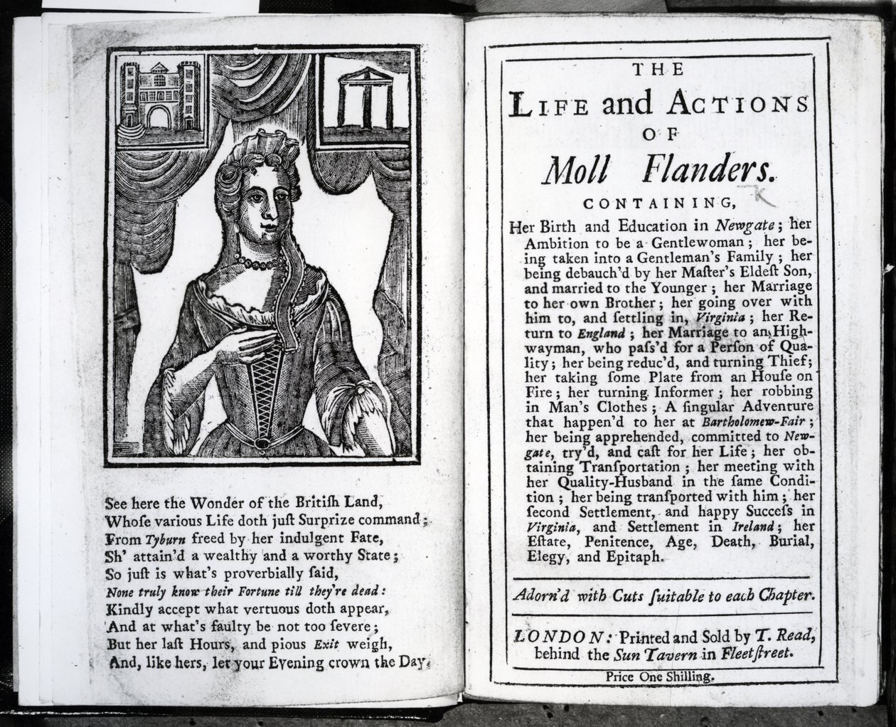 Etukappale ja nimisivu Daniel Defoen teokselle The Life and Actions of Moll Flanders, julkaistu 1723 tekijältä English School