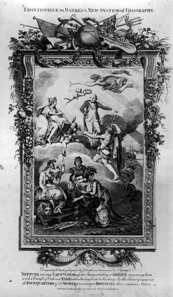 Frontispiece to Bankss New System of Geography, kaiverrettu J. Heagle, julkaisija J. Cooke tekijältä English School