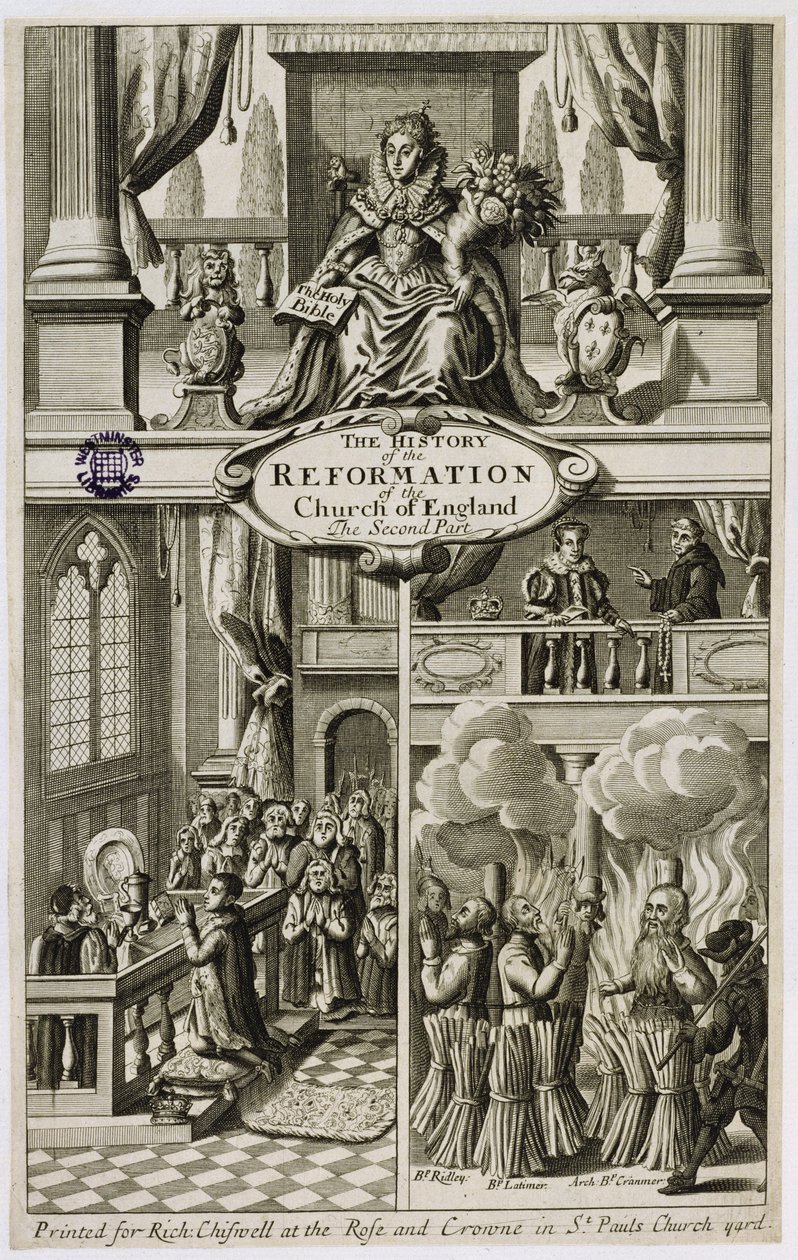 Frontispiece Englannin kirkon reformaation historiaan: Gilbert Burnet (1643-1715) toinen osa, pub. kirjoittanut Richard Chiswell (1639-1711), 1681 tekijältä English School