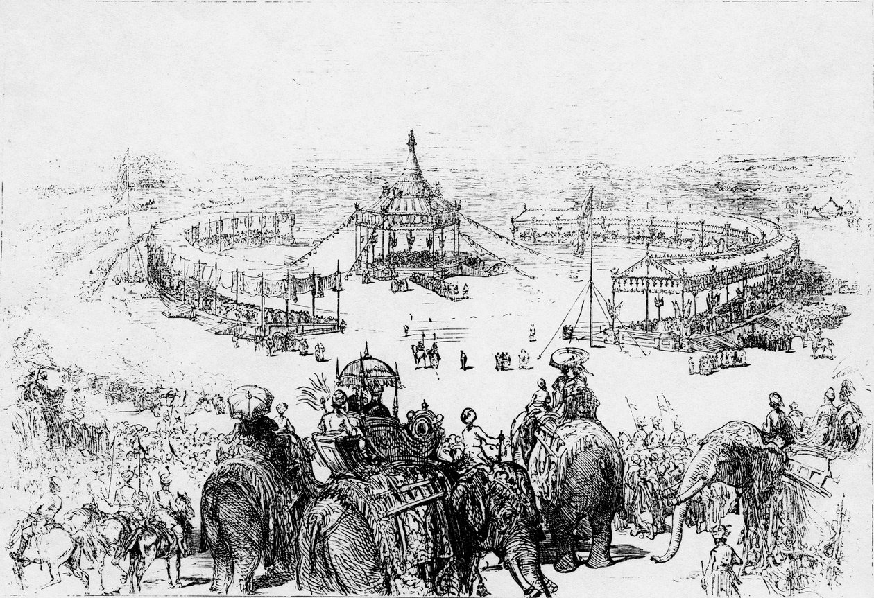 Yleinen lintuperspektiivikuva Imperial Durbarista Delhissä, julkaistu Illustrated London News -lehdessä 10. helmikuuta 1877 tekijältä English School