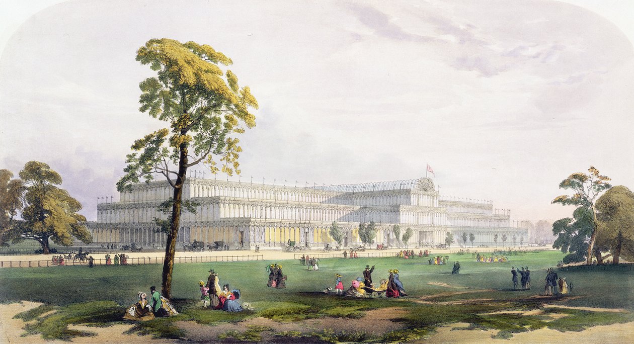 Yleiskuva rakennuksen ulkopuolelta, vuoden 1851 suuressa näyttelyssä, Dickinsons Comprehensive Pictures -kuvasta (värillinen litho) tekijältä English School
