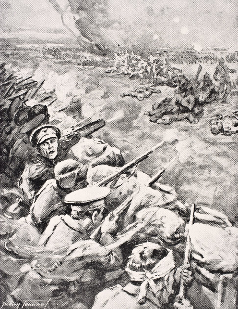 Saksalaiset joukot syyttävät brittiläisiä juoksuhautoja, 1915, Lontoossa 1916 julkaistusta The War Illustrated Album de Luxesta tekijältä English School