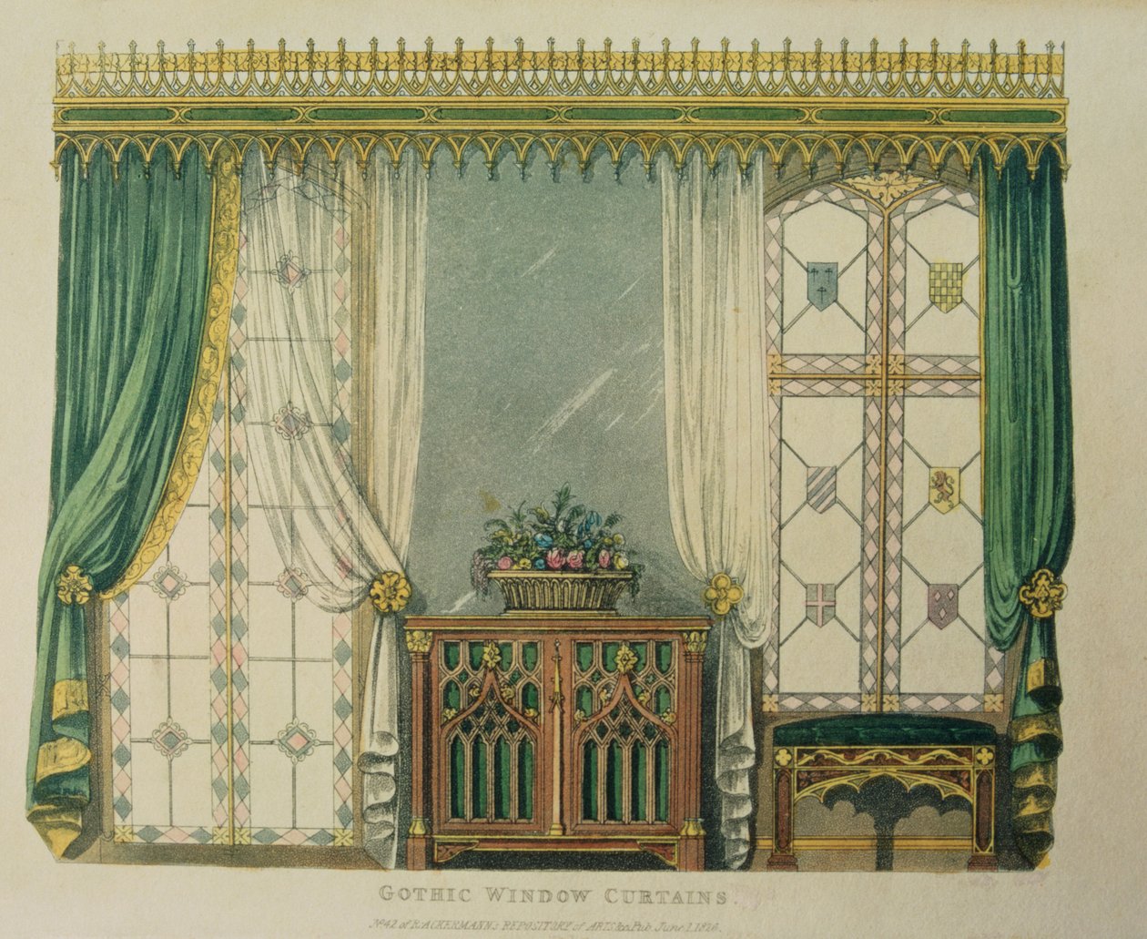 Goottilaiset ikkunaverhot, levy 161, Ackermanns Repository of Arts, julkaistu 1816 tekijältä English School