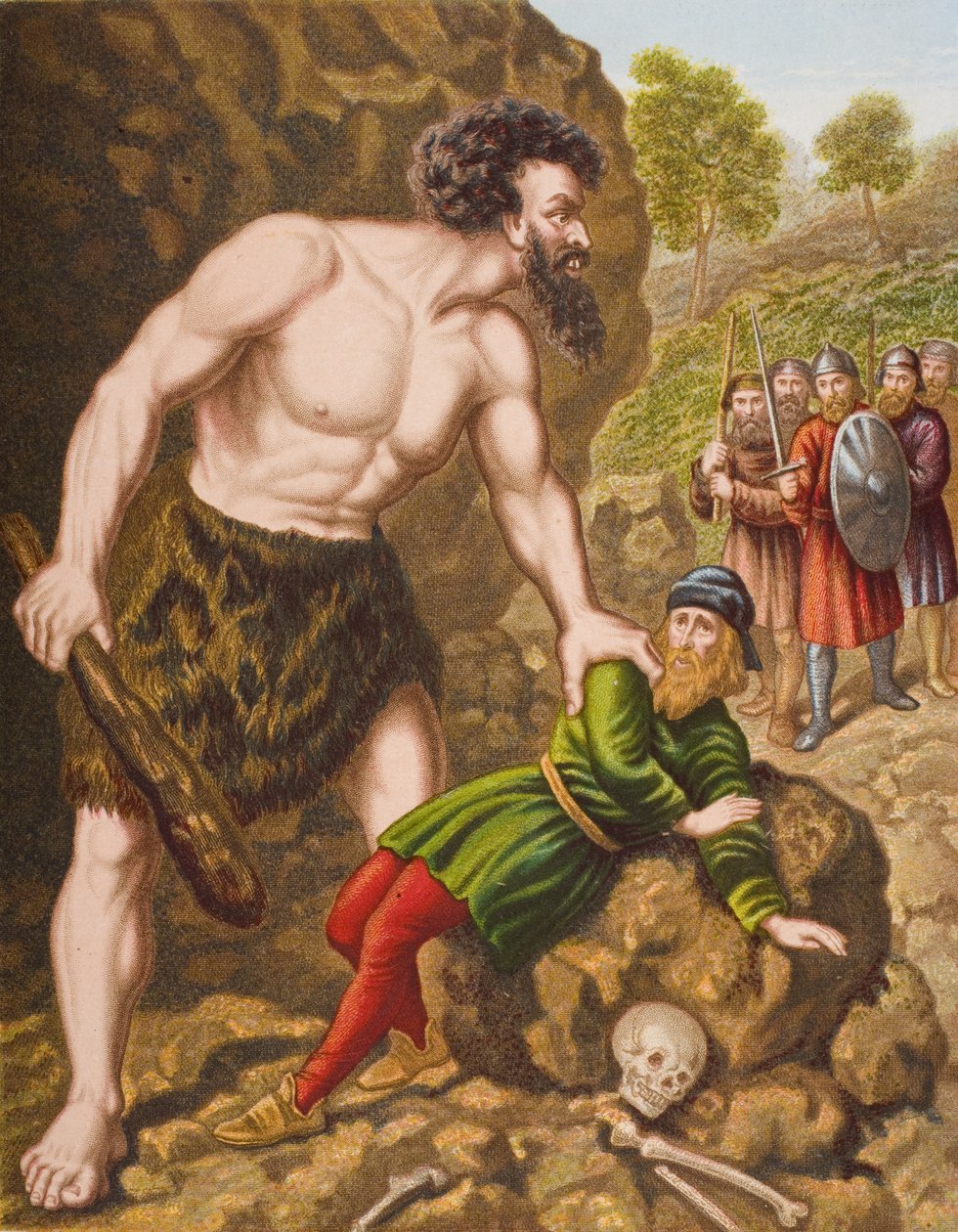 Great-Heart ja hänen toverinsa hyökkäävät Giant Slay-Goodin kimppuun, esimerkki John Bunyanin (1628-88) teoksesta "Pilgrim