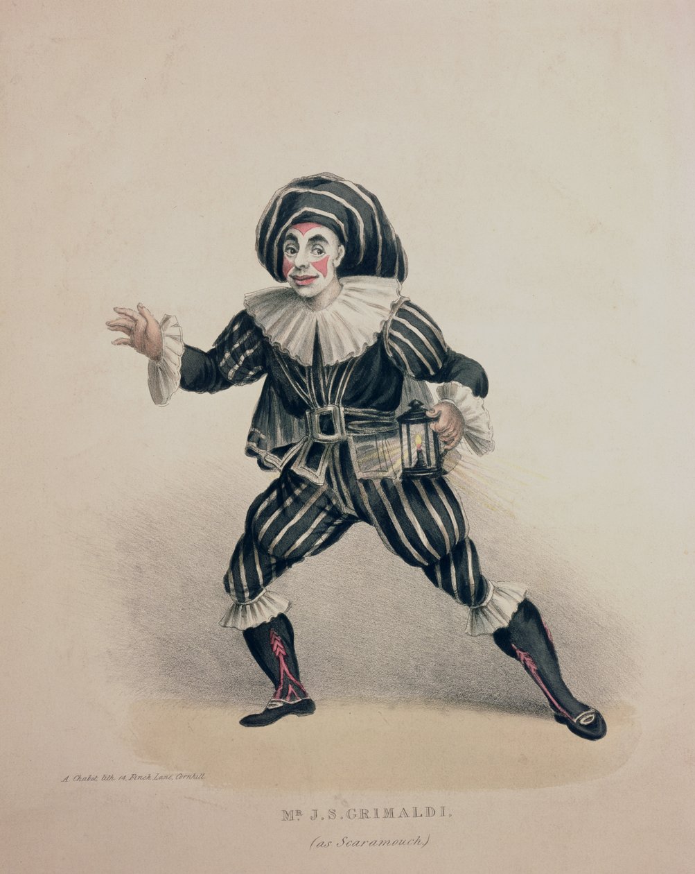 Grimaldi Scaramouchena, Commedia dellArtesta, kaiverrus A. Chabot, 1800-luku (käsinvärinen kaiverrus) tekijältä English School