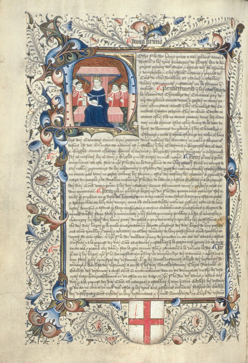 Henrik V (1387-1422) ja jotkut hoviherrat, jotka on kuvattu alkuperäisessä H-kirjaimessa, Cartae Antiquaesta 1400-luvun lopulla tekijältä English School