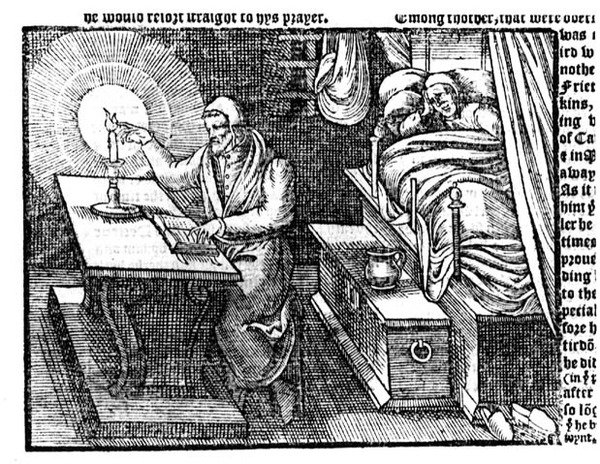 Hugh Latimer (n. 1485-1555) pitelee sormeaan kynttilän liekissä, John Foxen (1516-87) teoksista ja monumenteista 1563 tekijältä English School
