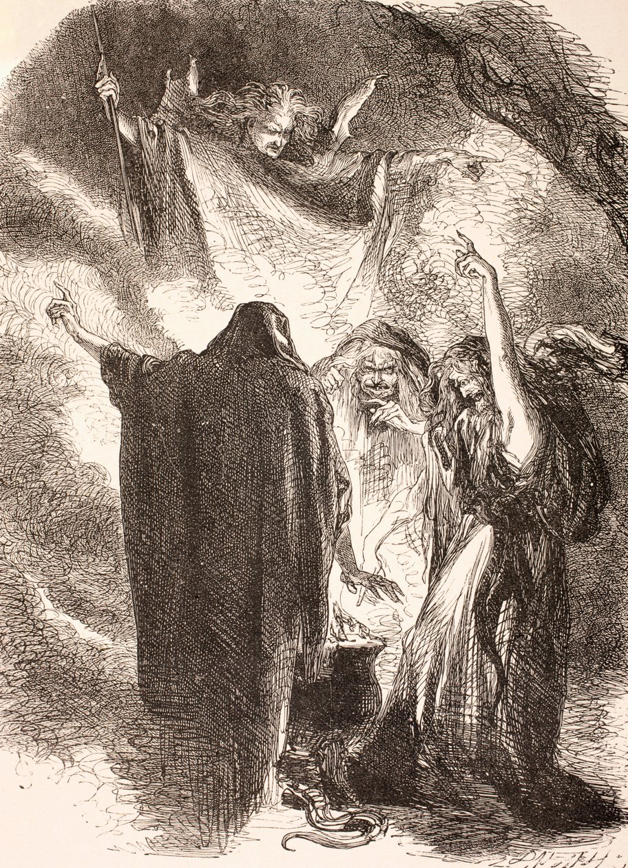 Kuvitus noitien kattilan ympärillä Macbethissä, teoksesta "The Illustrated Library Shakespeare", julkaistu Lontoossa 1890. tekijältä English School