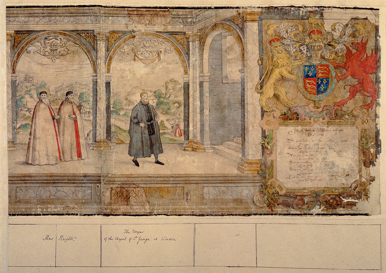 Sukkanauharitarien kuvitteellinen yhdistelmäkulkue Windsorissa, kaiverrus Marcus Gheeraerts vanhin (1521-86) 1576 (värillinen etsaus) tekijältä English School