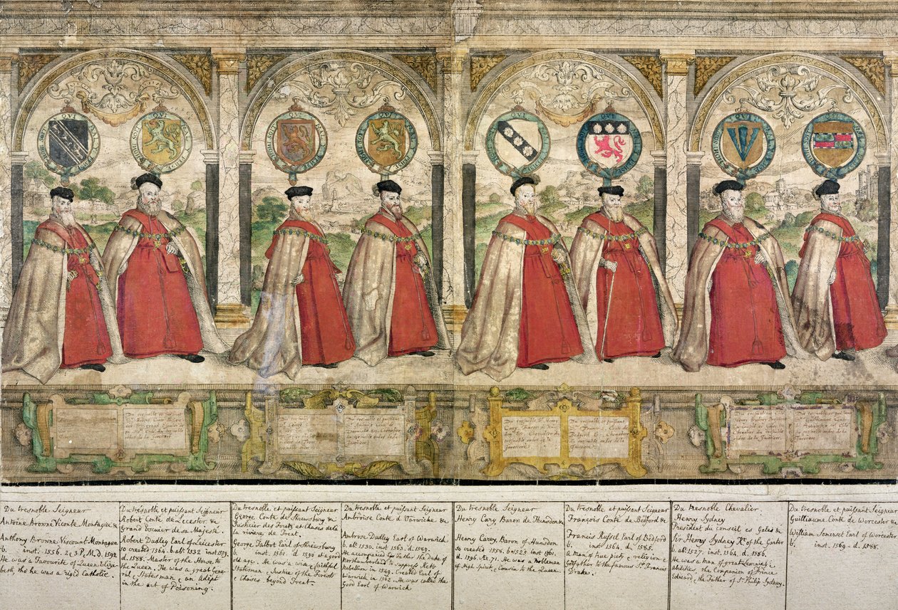 Sukkanauharitarien kuvitteellinen yhdistelmäkulkue Windsorissa, kaiverrus Marcus Gheeraerts vanhin (1521-86) 1576 (värillinen etsaus) tekijältä English School