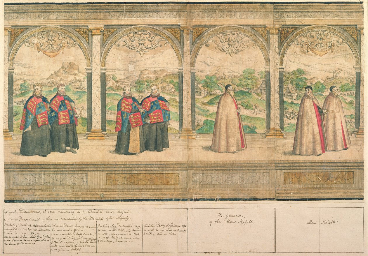 Sukkanauharitarien kuvitteellinen yhdistelmäkulkue Windsorissa, kaiverrus Marcus Gheeraerts vanhin (1521-86) 1576 (värillinen etsaus) tekijältä English School