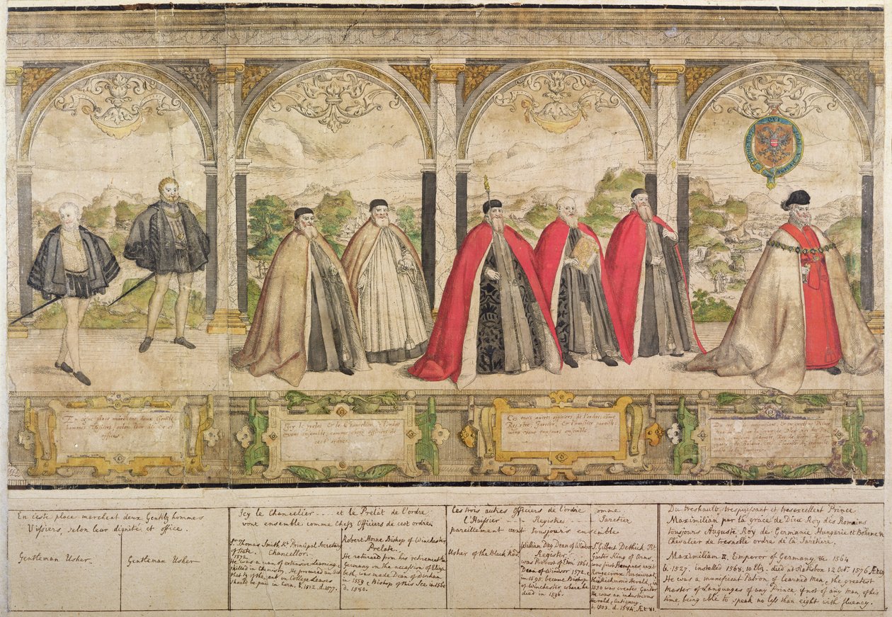Sukkanauharitarien kuvitteellinen yhdistelmäkulkue, kaiverrus Marcus Gheeraerts vanhin (151620-n.1604) 1576 (värillinen etsaus) tekijältä English School