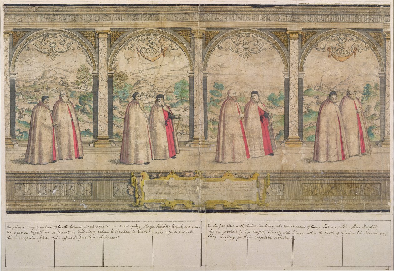 Sukkanauharitarikunnan kuvitteellinen yhdistelmäkulkue Windsorissa, kaiverrus Marcus Gheeraerts vanhin (1521-86) 1576 (värillinen etsaus) tekijältä English School