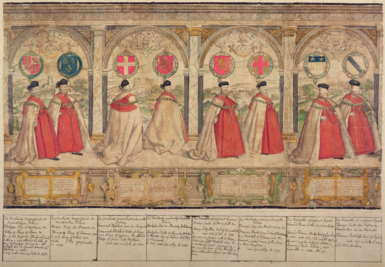 Windsorin sukkanauharitarikunnan kuvitteellinen yhdistelmäkulkue, kaiverrettu Marcus Gheeraerts vanhin (1521-86) 1576 (värillinen etsaus) tekijältä English School