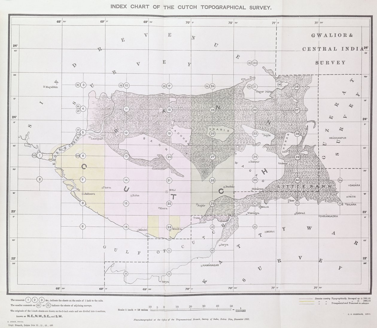 Intian maanmittauslaitoksen trigonometrisen osaston, Dehra Dun, Dehra Dun, marraskuu 1883, laatima Cutchin topografisen kartoituksen indeksikartta. tekijältä English School