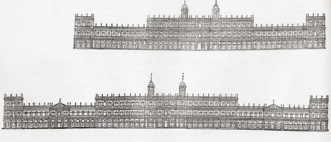 Inigo Jones 1638 suunnitelma uudesta palatsista Whitehallissa, Westminsterissä, Englannissa, Vanhasta Englannista: Kuvamuseo, pubi. 1847 tekijältä English School