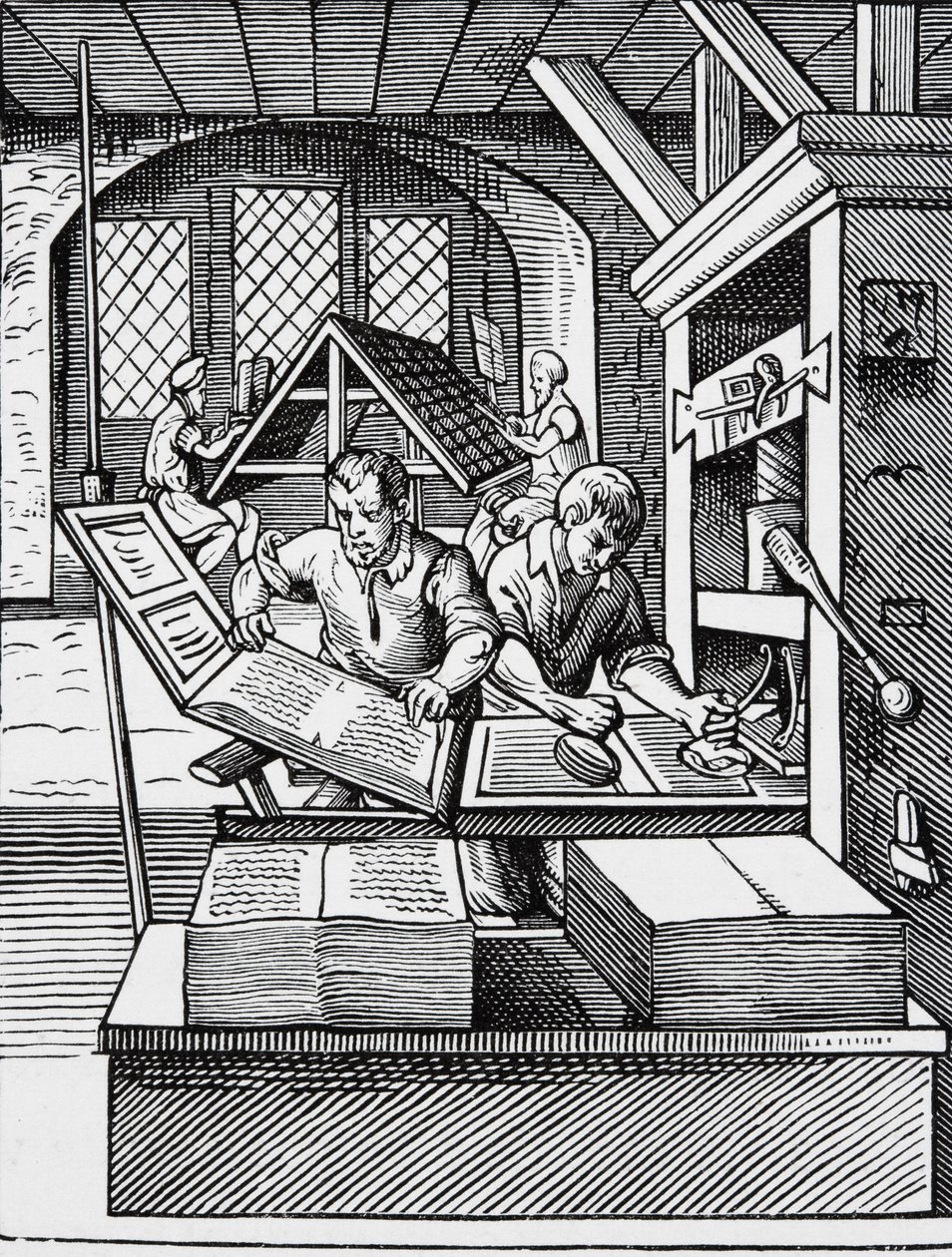 1500-luvun kirjapainon sisustus Jost Ammanin (1539-91) kaiverruksen mukaan tekijältä English School