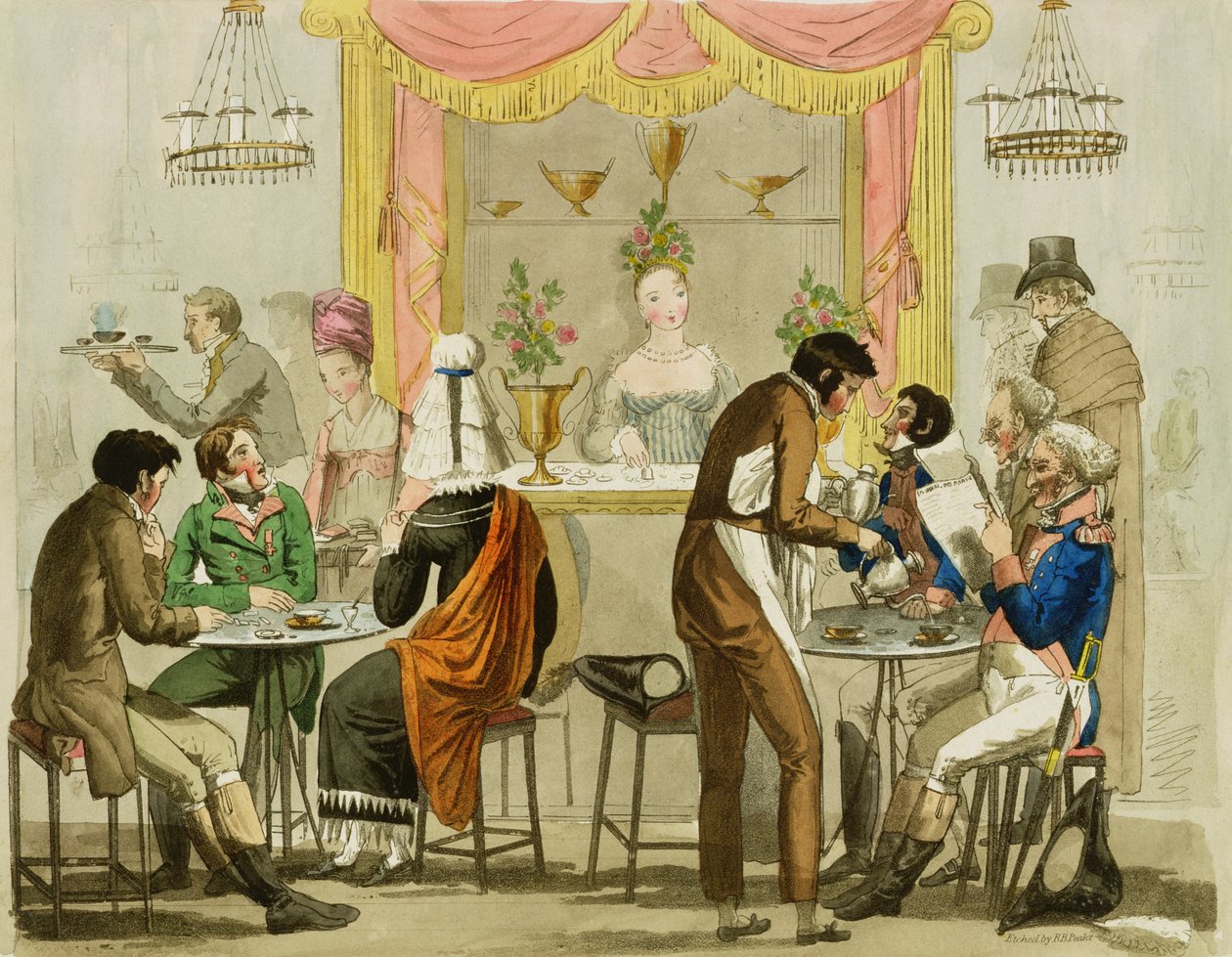 Kahvilan, pubin sisustus. William Pearman Librarylle, 1819, (värietsaus) tekijältä English School