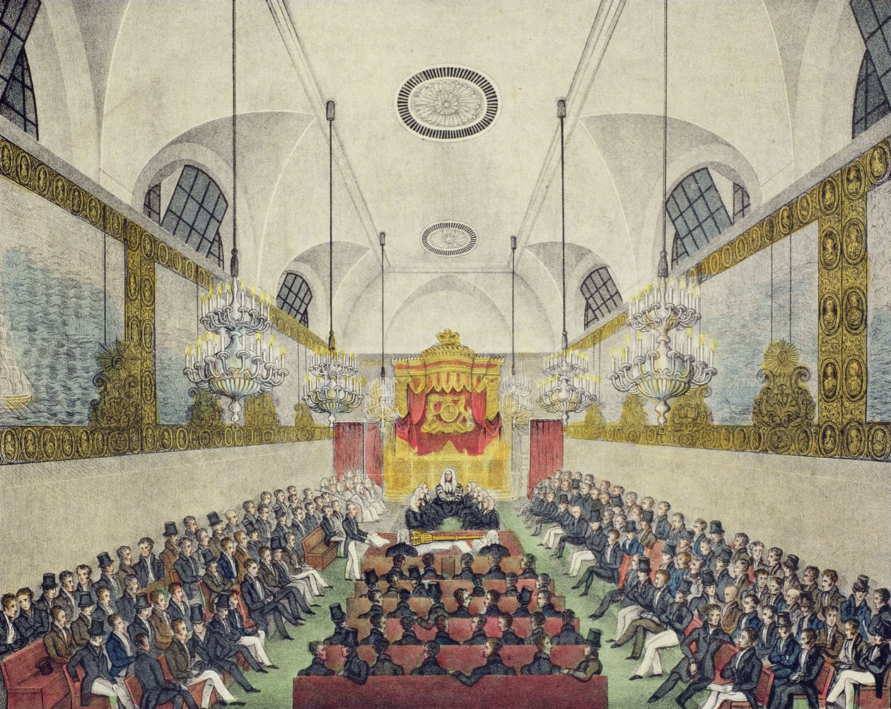 House of Lords, Westminsterin palatsissa sijaitseva sisustus, Charles Ingrey painanut ja julkaissut, n. 1830 (värillinen litho) tekijältä English School