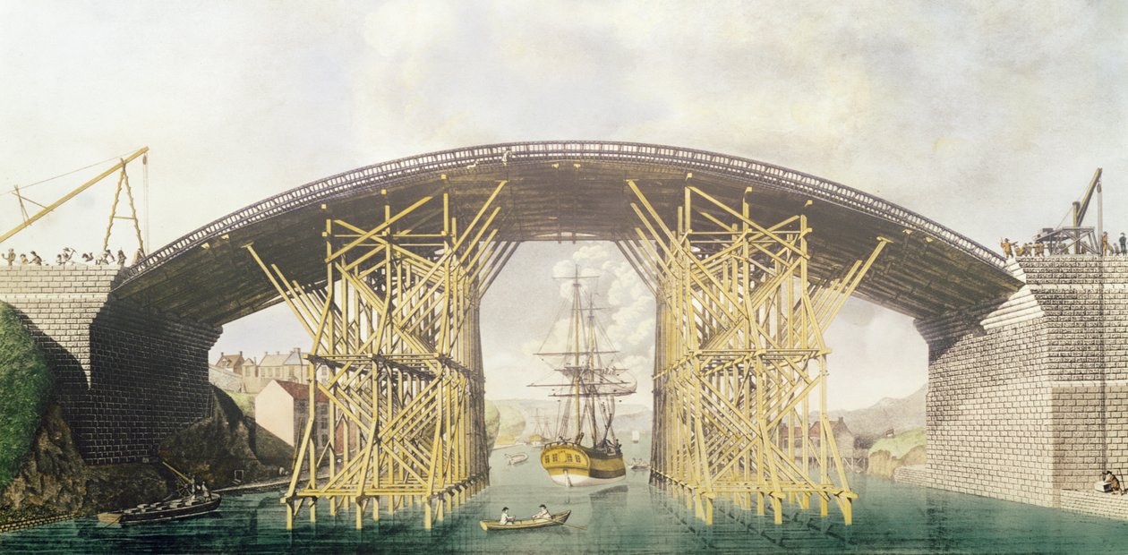 Rautasilta kulumisen yli, 1796 (värikaiverrus) tekijältä English School