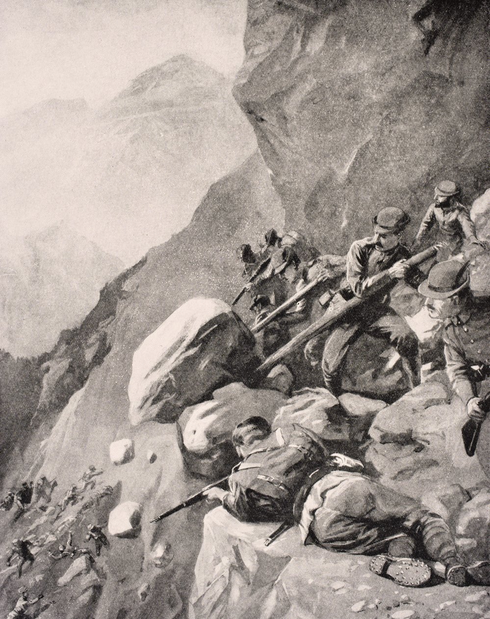 Italialaiset joukot nostivat lohkareita alas vihollissotilaiden päälle Dolomiiteilla, 1915, Lontoossa vuonna 1916 julkaistusta The War Illustrated Album deLuxe -julkaisusta tekijältä English School