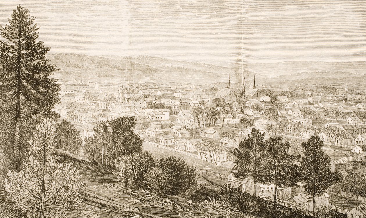 Ithaca ja Cornell College, New Yorkin osavaltio, noin 1870, Religious Tract Societyn julkaisemasta American Picturesista, 1876 tekijältä English School