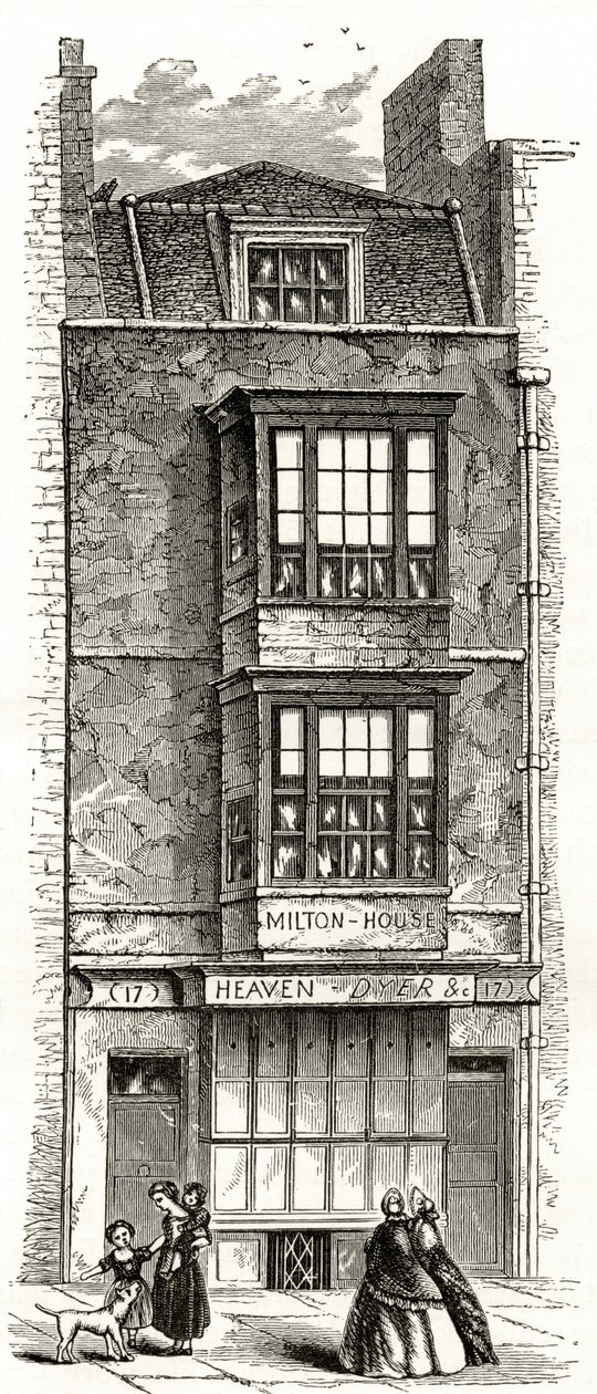John Miltonin talo Barbicanissa, pastori Richard Lovettin teoksesta "London Pictures: Drawn with Pen and Pencil", julkaistu 1890 tekijältä English School
