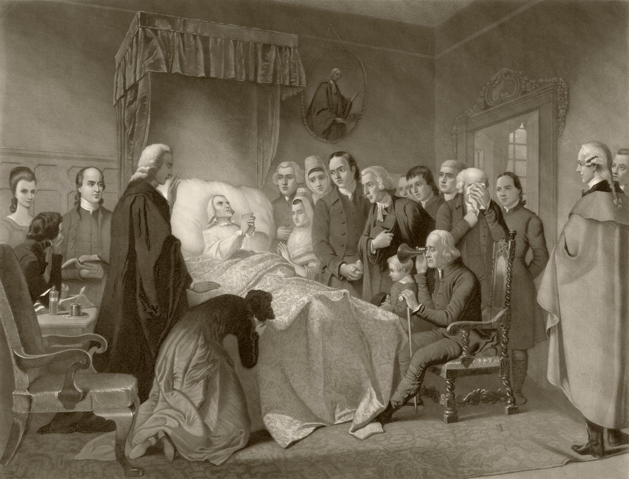 John Wesley kuolinvuoteellaan John Sartainin kaivertaman 1800-luvun teoksen jälkeen tekijältä English School