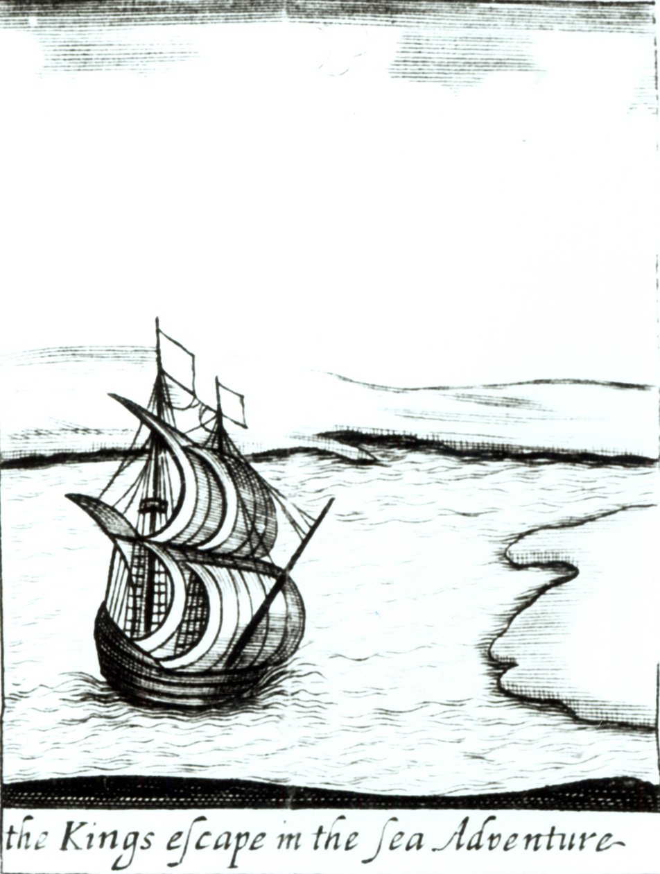 Kuningas Kaarle II (1630-85) pakenemassa Englannista vuonna 1651, julkaistu 1660 tekijältä English School