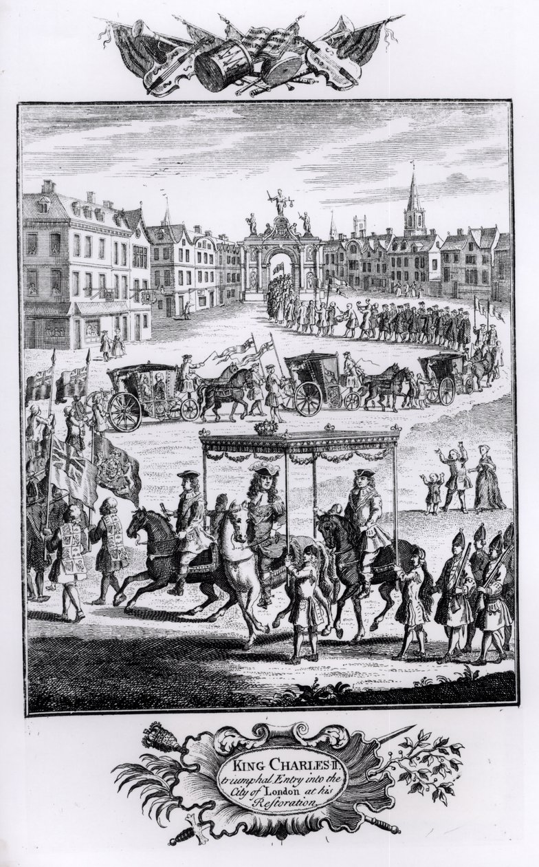Kuningas Kaarle II (1630–1685): Triumphaalinen sisääntulo Lontoon Cityyn hänen entisöinnin yhteydessä, toukokuu 1660 tekijältä English School