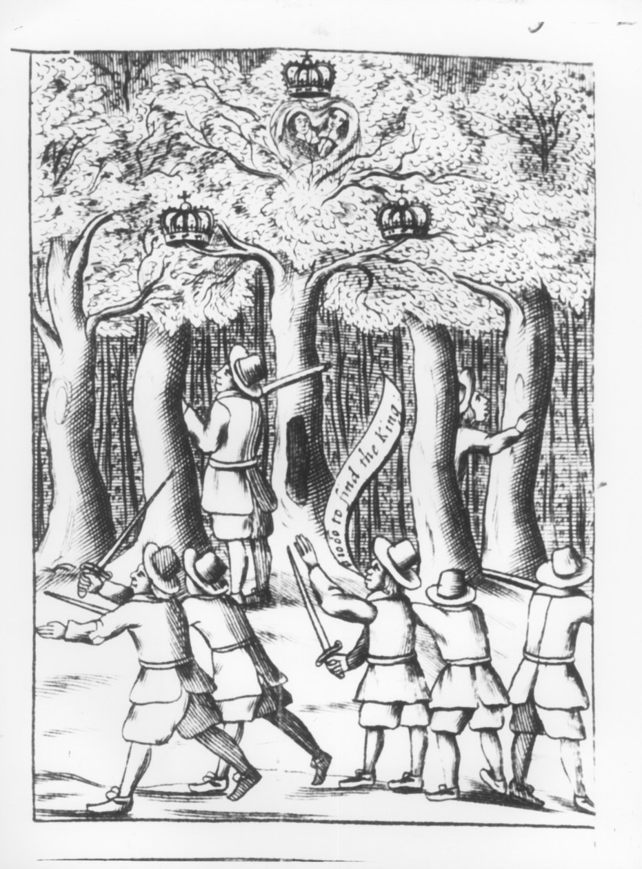 Kuningas Kaarle II (1630-85) piilossa Boscobelin tammessa hävittyään Worcesterin taistelussa 1651, julkaistu 1660. tekijältä English School