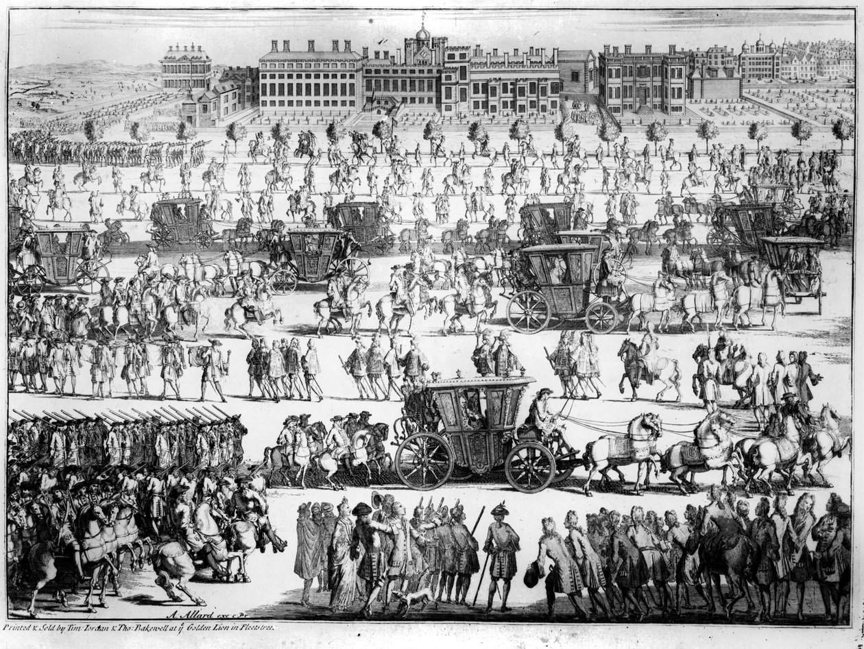 Kuningas Yrjö I:n kulkue Pyhän Jaakobin palatsiin, 20. syyskuuta 1714, kaiverrus Abraham Allard tekijältä English School