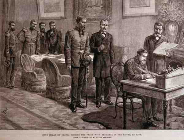 Servian kuningas Milan allekirjoittaa rauhan Bulgarian kanssa Nishin Konakissa, The Illustrated London News, 4. maaliskuuta 1886 tekijältä English School